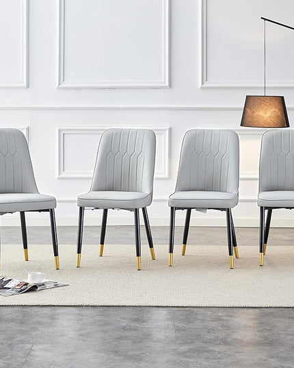 Modern Dining Chairs Set of 4, Faux Leather Dining Room Chairs PU Upholstered Gray Kitchen Chair with Black Golden Metal Legs for Home Living Room, Restaurant - LeafyLoom