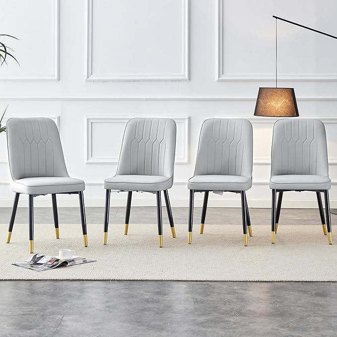 Modern Dining Chairs Set of 4, Faux Leather Dining Room Chairs PU Upholstered Gray Kitchen Chair with Black Golden Metal Legs for Home Living Room, Restaurant - LeafyLoom