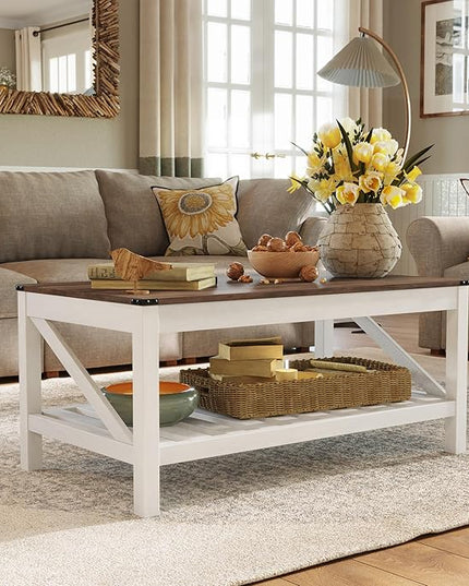 Farmhouse Coffee Table with 2-Tier Shelves - Rectangular Coffee Table with Storage for Living Room, Wood Coffee Table with Sturdy Frame, Brown - LeafyLoom