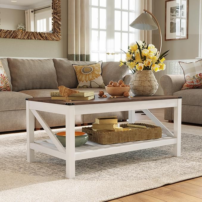 Farmhouse Coffee Table with 2-Tier Shelves - Rectangular Coffee Table with Storage for Living Room, Wood Coffee Table with Sturdy Frame, Brown - LeafyLoom