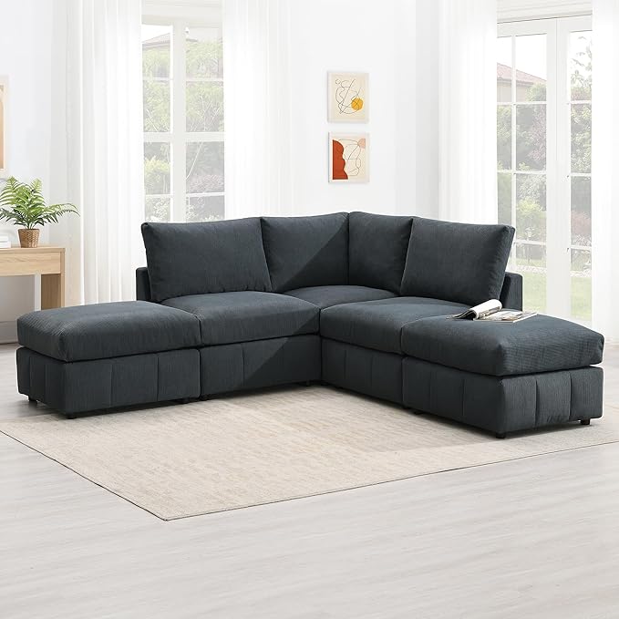 93" Sectional Couch with Convertible Ottomans, 5-Seat Armless Modular Sofa with Vertical Stripes, Freely Combinable Couch Sectionals for Living Room, Apartment - LeafyLoom