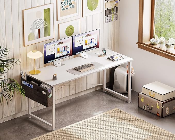 AODK 55 inch Small Computer Desk with Power Outlet for Small Spaces Home Office Student Laptop PC Writing Desks with Storage Bag Headphone Hook, White - LeafyLoom