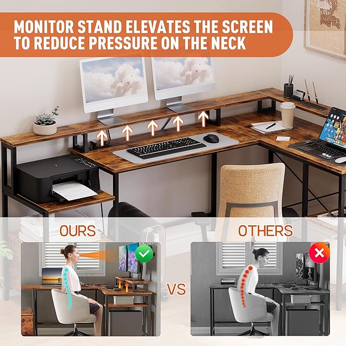 IDEALHOUSE L Shaped Desk - 76" Reversible L Shaped Computer Desk with File Drawer, Office Desk with Power Outlet, L Shaped Gaming Desk with Monitor Shelf, Corner Desk for Home Office, Vintage Brown - LeafyLoom