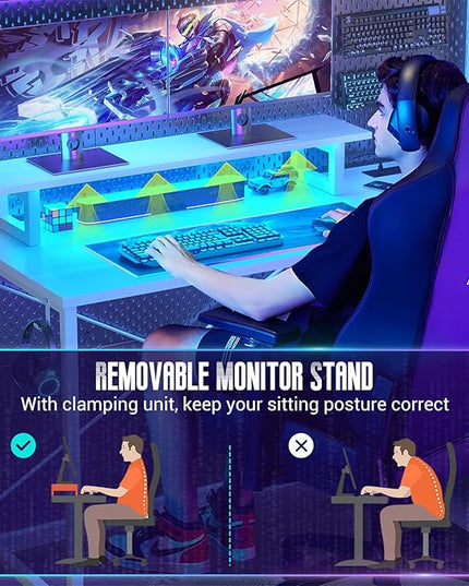 Homieasy L Shaped Gaming Desk with Power Outlet & LED Light, 47 Inch Computer Desk with Storage Shelves, Reversible Corner Desk with Monitor Stand Headset Hooks for Home Office, White - LeafyLoom