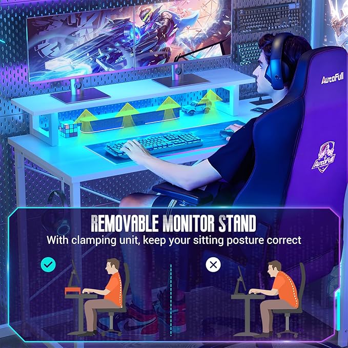 Homieasy L Shaped Gaming Desk with Power Outlet & LED Light, 47 Inch Computer Desk with Storage Shelves, Reversible Corner Desk with Monitor Stand Headset Hooks for Home Office, White - LeafyLoom