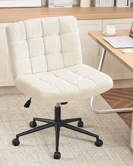 Furniliving Wide Desk Chair, Faux Fur Upholstered Office Chair with Wheels, Adjustable Accent Chair with Thicken Seat, Computer Chair for Living Room, Study Room, Home Office, IvoryWhite - LeafyLoom