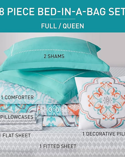 Degrees of Comfort Full Size Comforter Sets with Sheets Floral, Aqua Boho Complete Bedding Set for teen girls, Microfiber 8 Piece Bed in a Bag with Side Pockets, Matching Decorative Pillow - LeafyLoom