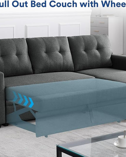 4-in-1 Convertible L Shaped Couch with Pull Out Bed and Storage Sectional Sleeper Sofa with Reversible Chaise for Living Room, Apartment, Bedroom, Office, Charcoal Grey - LeafyLoom