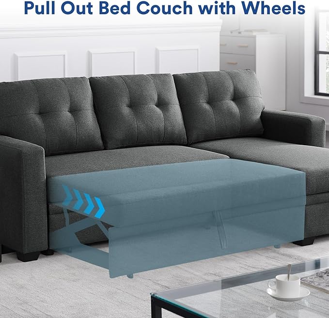 4-in-1 Convertible L Shaped Couch with Pull Out Bed and Storage Sectional Sleeper Sofa with Reversible Chaise for Living Room, Apartment, Bedroom, Office, Charcoal Grey - LeafyLoom