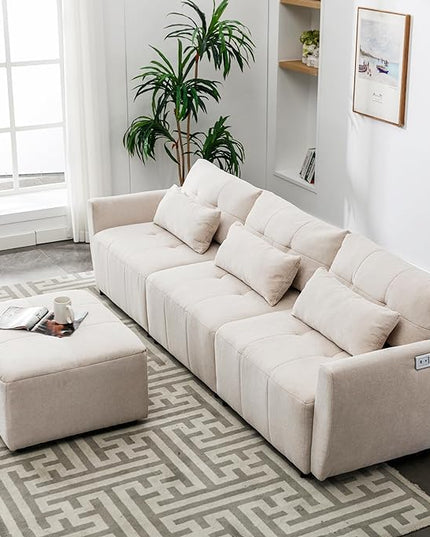 Oversized Sectional Sofa with USB Charging Port, Movable Ottoman & 2 Pillows, Extra Deep Seats & Button Tufted Backrest, 3-Seat L-Shaped Cloud Couch for Apartment, Living Room, Bedroom - LeafyLoom