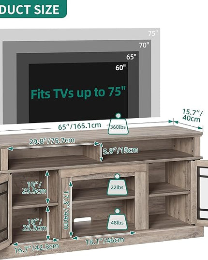 YITAHOME Modern TV Stand for 75 Inch TV with LED Lights, 32'' Tall Mid Century Modern TV Cabinet w/Adjustable Shelves & Glass Doors, Entertainment Center Media Console Table for Living Room, Grey Wash - LeafyLoom