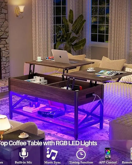 Aheaplus Coffee Table, Lift Top Coffee Table with LED light and Power Outlet, Modern Lift-Top Table with Storage Shelf, Center Table for Living Room with Lift Tabletop, X Support Metal Frame, Espresso - LeafyLoom