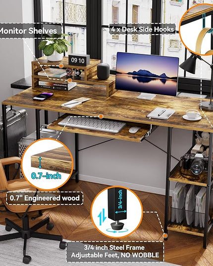 Computer Desk with Keyboard Tray, 55 Inch Music Studio Desk Music Production Desk with Storage Shelves Monitor Stands and 4 Iron Hooks, Desk Workstation Gaming Table for Home Office - LeafyLoom