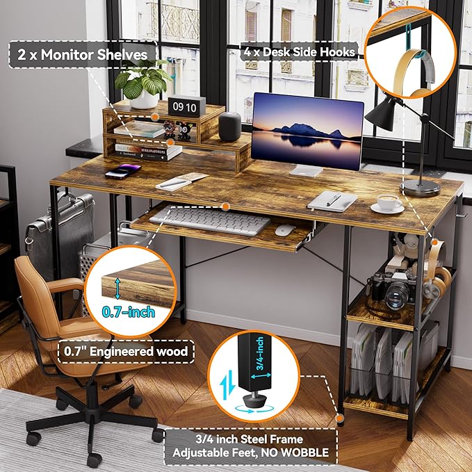 Computer Desk with Keyboard Tray, 55 Inch Music Studio Desk Music Production Desk with Storage Shelves Monitor Stands and 4 Iron Hooks, Desk Workstation Gaming Table for Home Office - LeafyLoom