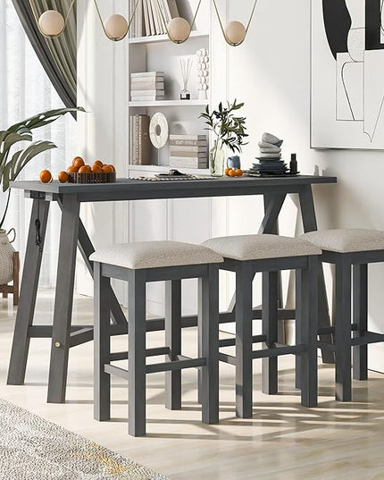 Multipurpose Table Dining Set with 3 Upholstered Stools, Easy to Assemble, Weight Capacity 350 LBS, for Living, Guest Room, Home Bar, Kitchen, Gray, 4-Piece, Gary - LeafyLoom