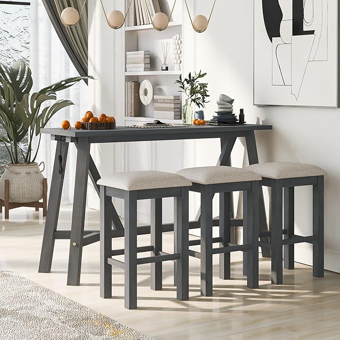 Multipurpose Table Dining Set with 3 Upholstered Stools, Easy to Assemble, Weight Capacity 350 LBS, for Living, Guest Room, Home Bar, Kitchen, Gray, 4-Piece, Gary - LeafyLoom