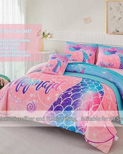 RYNGHIPY Mermaid Kids Girls Comforter Set Twin Size Pink Blue Gradient Fish Tail Bed in a Bag - includes Comforter & Sheet Set for Teens Girls Super Soft Kids Bedding - LeafyLoom