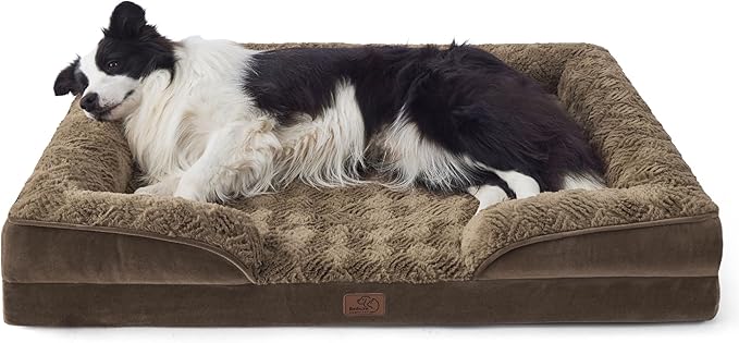 Bedsure Orthopedic Dog Bed for Large Dogs - Calming Dog Sofa Beds Large with Luxurious Plush, Big Pet Couch Bed with Removable Washable Cover, Waterproof Lining and Nonskid Bottom, Brown BEDSURE