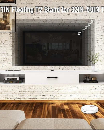 Floating TV Unit, 47'' Wall Mounted TV Cabinet, Floating Shelves with Door, Modern Entertainment Media Console Center Large Storage TV Bench for Living Room & Office (47.24IN, White) - LeafyLoom