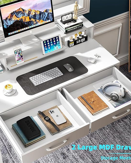 Computer Desk with Drawers, 47" Home Office Desk with Monitor Shelf, Writing Desk with Storage, Gaming Desk Work Desk Study Desk for Bedroom, White - LeafyLoom