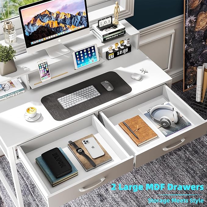 Computer Desk with Drawers, 47" Home Office Desk with Monitor Shelf, Writing Desk with Storage, Gaming Desk Work Desk Study Desk for Bedroom, White - LeafyLoom