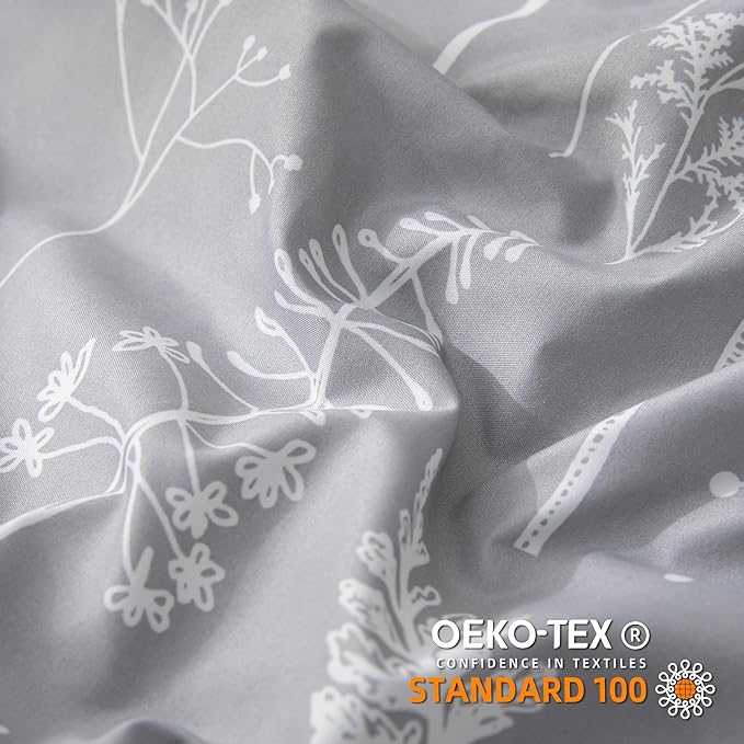 JANZAA Twin Comforter Set Floral Comforter Set Bedding Set White Flower Printing on Gray Comforter with 1 Pillow Case for All Season Using - LeafyLoom