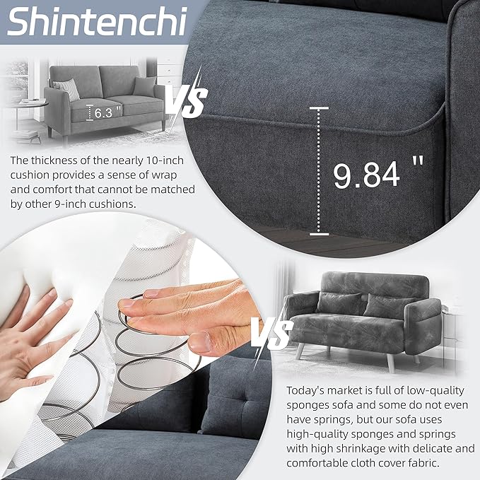 Shintenchi 47" Small Modern Loveseat Couch Sofa, Fabric Upholstered 2-Seat Sofa, Love Seat Furniture with 2 Pillows, Wood Leg for Small Space, Living Room, Bedroom, Apartment, Dark Grey - LeafyLoom