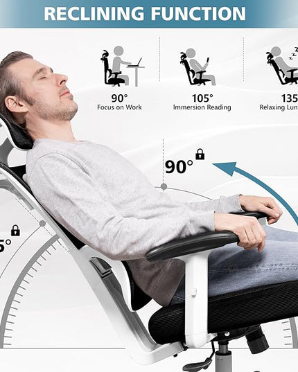 Primy Office Chair Ergonomic Desk Chair, High Back Computer Gaming Chair, Comfy Big and Tall Home Office Chair with Lumbar Support, Breathable Mesh Reclining Chair Adjustable Armrests Headrest(White) - LeafyLoom