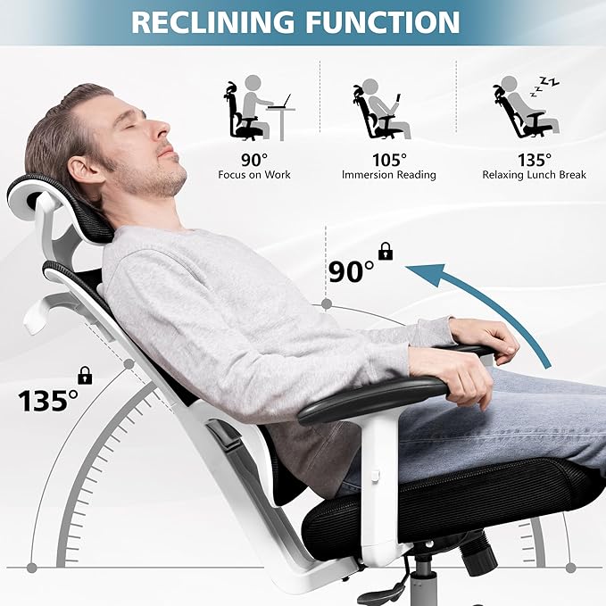 Primy Office Chair Ergonomic Desk Chair, High Back Computer Gaming Chair, Comfy Big and Tall Home Office Chair with Lumbar Support, Breathable Mesh Reclining Chair Adjustable Armrests Headrest(White) - LeafyLoom