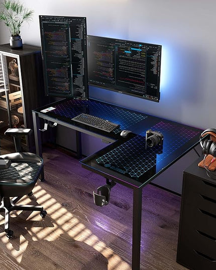 EUREKA ERGONOMIC RGB LED Lights 60 Inch L Shaped Reversible Black Glass Gaming Desk Home Office Computer Table GTG L60 - LeafyLoom