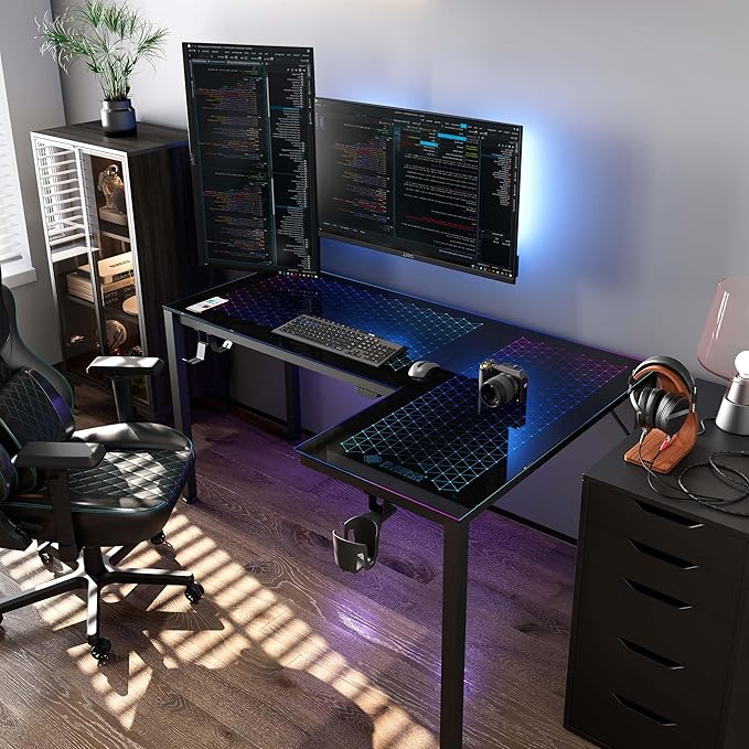 EUREKA ERGONOMIC RGB LED Lights 60 Inch L Shaped Reversible Black Glass Gaming Desk Home Office Computer Table GTG L60 - LeafyLoom