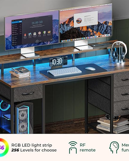 55 inch Computer Desk with 4 Drawers, Gaming Desk with LED Lights & Power Outlets, Home Office Desk with Large Storage Space for Bedroom, Work from Home, Rustic Brown - LeafyLoom
