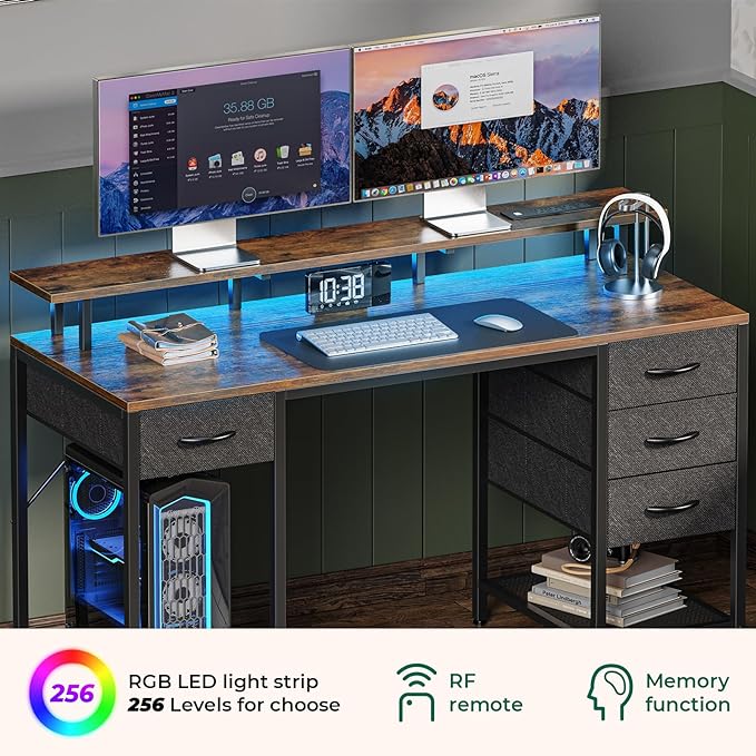 55 inch Computer Desk with 4 Drawers, Gaming Desk with LED Lights & Power Outlets, Home Office Desk with Large Storage Space for Bedroom, Work from Home, Rustic Brown - LeafyLoom