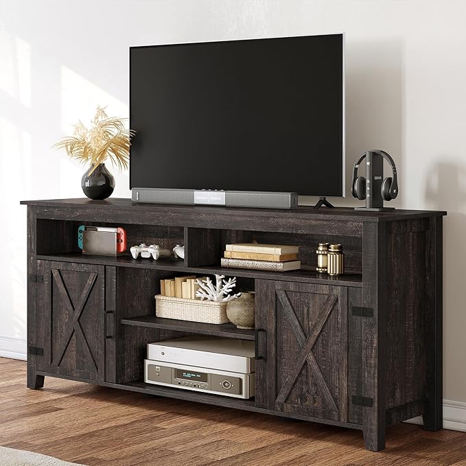 YITAHOME Highboy Farmhouse Barn Door TV Stand for 65 Inch TV, Modern Entertainment Center for 300 lbs, TV Media Console Storage TV Cabinet for Living Room, Dark Rustic Oak, 59.5” - LeafyLoom