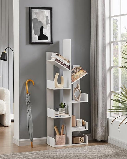 VECELO Tree Bookshelf,8 Shelf Storages Bookcase,Industrial Wooden Book Display Shelves for CDs/Movies/Books,FreeStanding Tree-Shaped Book Case Organizers for Home Office,Living Room,Ivory White - LeafyLoom