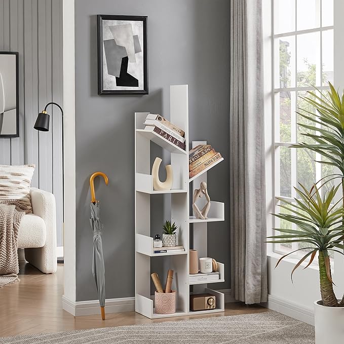VECELO Tree Bookshelf,8 Shelf Storages Bookcase,Industrial Wooden Book Display Shelves for CDs/Movies/Books,FreeStanding Tree-Shaped Book Case Organizers for Home Office,Living Room,Ivory White - LeafyLoom