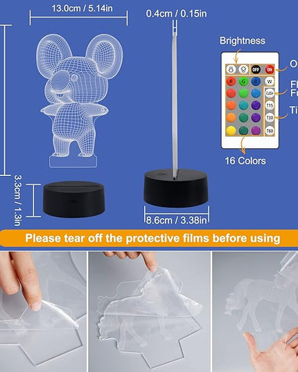 FULLOSUN 3D Koala Night Light Animal Illusion LED Lamp for Kids' Room Decoration with Remote Control 16 Color Changing Unique Xmas Halloween Birthday Gift for Child Baby Boy and Girl - LeafyLoom