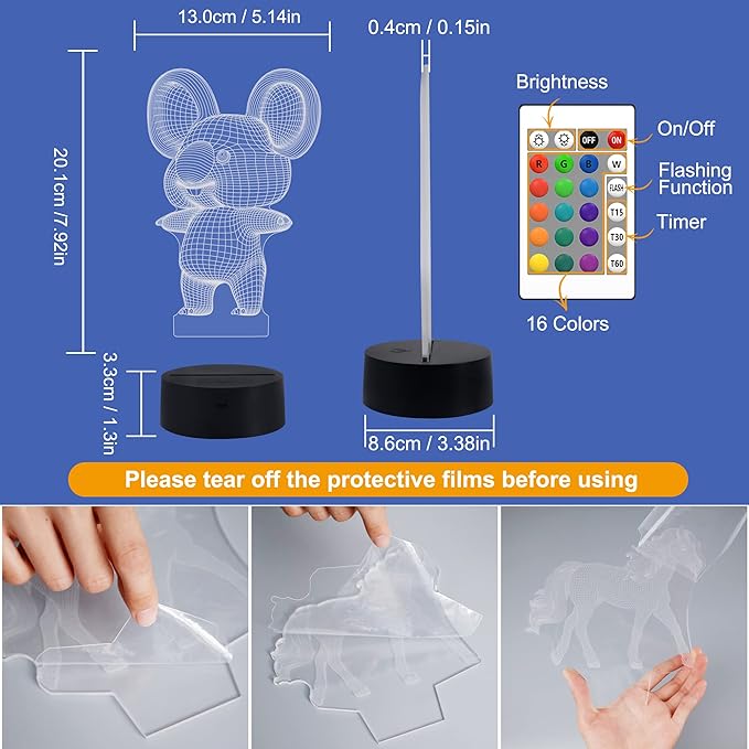 FULLOSUN 3D Koala Night Light Animal Illusion LED Lamp for Kids' Room Decoration with Remote Control 16 Color Changing Unique Xmas Halloween Birthday Gift for Child Baby Boy and Girl - LeafyLoom