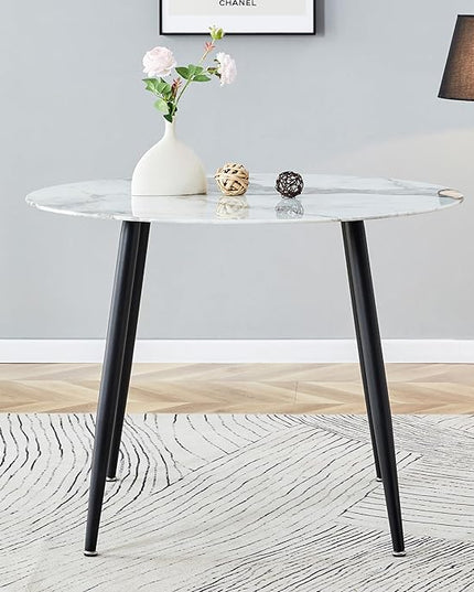 NicBex Modern Round Minimalist Circular Dining Table with A Diameter of 40 Inches, a 0.3 Inch Thick White Imitation Marble Pattern Tabletop and Black Metal Legs, White - LeafyLoom