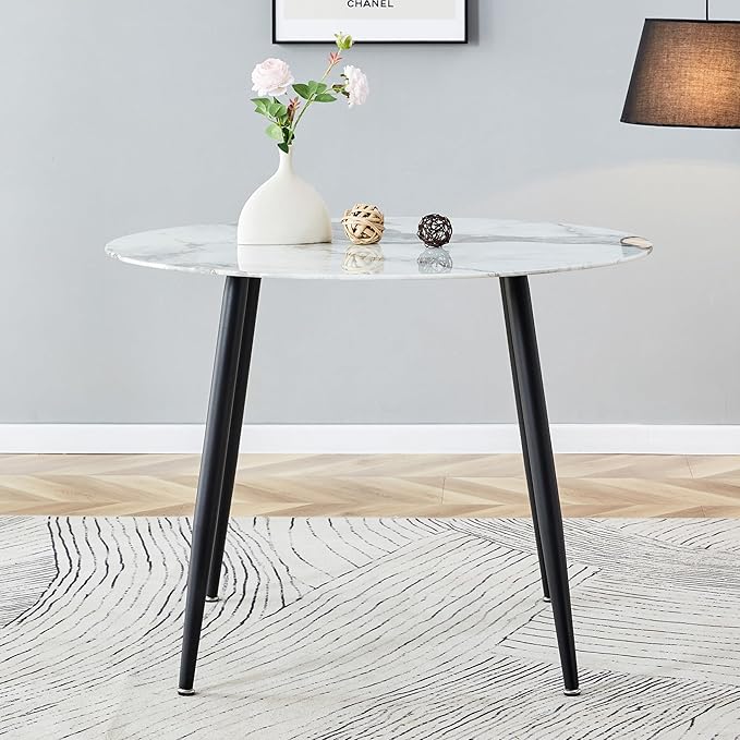 NicBex Modern Round Minimalist Circular Dining Table with A Diameter of 40 Inches, a 0.3 Inch Thick White Imitation Marble Pattern Tabletop and Black Metal Legs, White - LeafyLoom