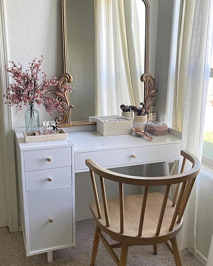 Nathan James Daisy Vanity Dressing Table or Makeup Desk with 4-Drawers and Brass Accent Knobs, White Wood - LeafyLoom