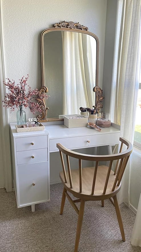 Nathan James Daisy Vanity Dressing Table or Makeup Desk with 4-Drawers and Brass Accent Knobs, White Wood - LeafyLoom