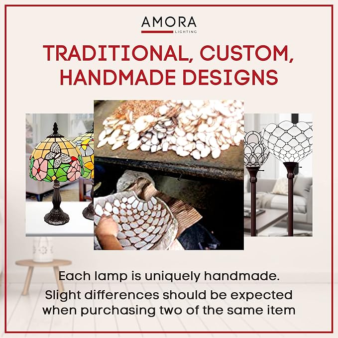 Amora Tiffany Floor Lamp Torchiere - Vintage Standing Light Floor Lamp - 61” Tall Floor Stained Glass Lamp - Tiffany Floor Lamps for Living Room - LeafyLoom