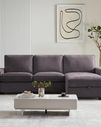 COHOME 100" L-Shaped Couch with Storage, Chenille Upholstered Deep Seat Couch for Living Room, Sofa with Reversible Chaise, Removable Covers, 3-Seater Apartment Sofa with Charge Ports,Dark Grey - LeafyLoom