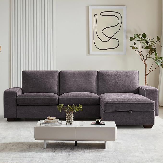 COHOME 100" L-Shaped Couch with Storage, Chenille Upholstered Deep Seat Couch for Living Room, Sofa with Reversible Chaise, Removable Covers, 3-Seater Apartment Sofa with Charge Ports,Dark Grey - LeafyLoom