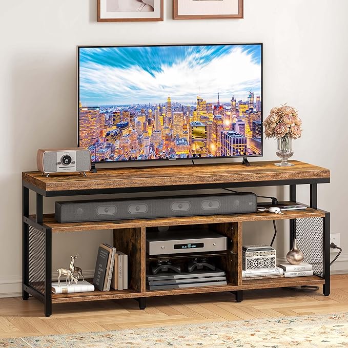 YITAHOME TV Stands for Living Room, Entertainment Center w/Power Outlets, Television Stands w/Open Storage, Small LED TV Stand for 50inch TV, Retro Brown - LeafyLoom
