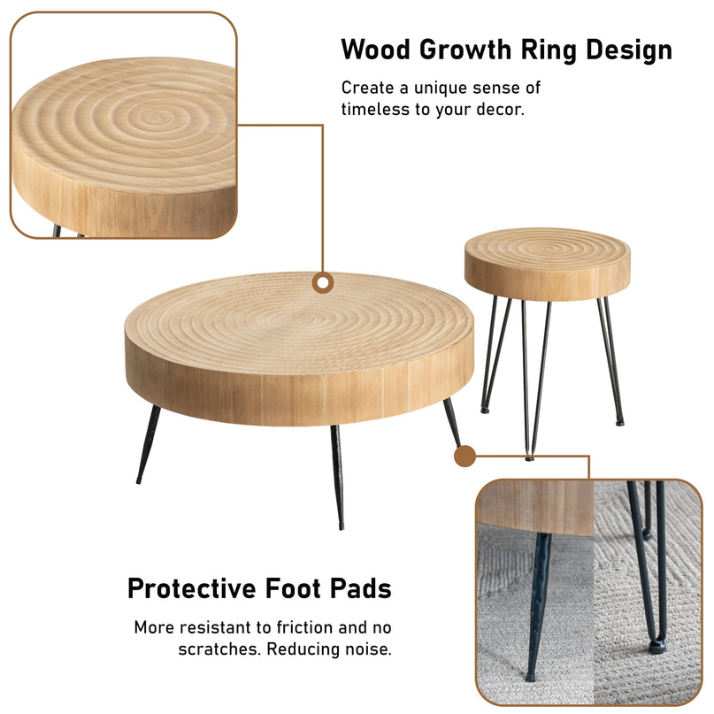 2-Piece Modern Farmhouse Living Room Coffee Table Set, Nesting Table Round Natural Finish with Handcrafted Wood Ring Motif, Wood Colour LeafyLoom