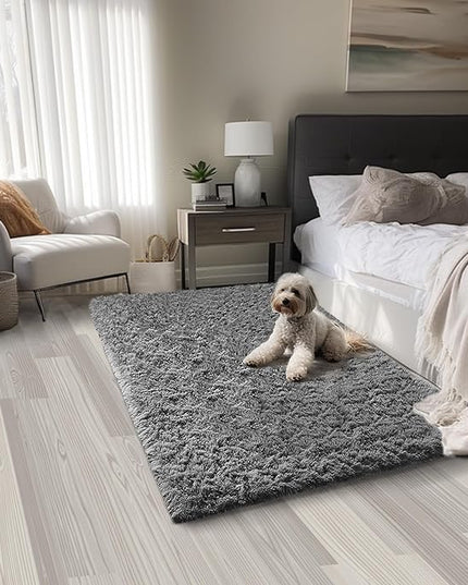 Ophanie Grey Machine Washable 3 x 5 Feet Rugs for Bedroom, Fluffy Shaggy Bedside Floor Dorm Area Rug, Soft Fuzzy Non-Slip Indoor Room Carpet for Kids Boys Girls Teen Home Decor Aesthetic, Nursery - LeafyLoom
