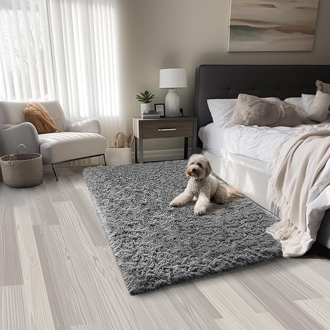 Ophanie Grey Machine Washable 3 x 5 Feet Rugs for Bedroom, Fluffy Shaggy Bedside Floor Dorm Area Rug, Soft Fuzzy Non-Slip Indoor Room Carpet for Kids Boys Girls Teen Home Decor Aesthetic, Nursery - LeafyLoom