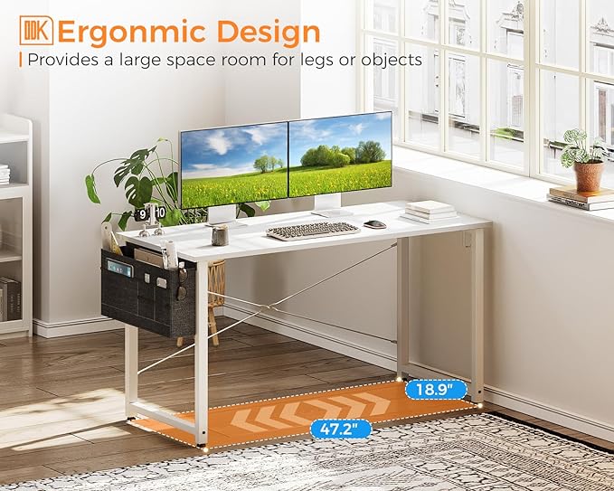 ODK Computer Desk Large Office Desk, 48 Inch Writing Desk with Storage, Modern PC Desk Work Table with Headphone Hook for Home Office, White + White Leg - LeafyLoom